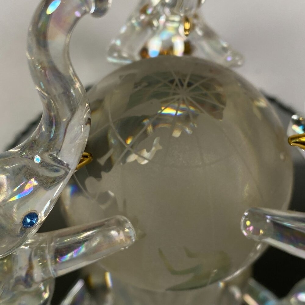 3 Hand Blown Glass Elephants on Globe Figurine Blue Rhinestone Eyes Mirror Base - Picture 8 of 11